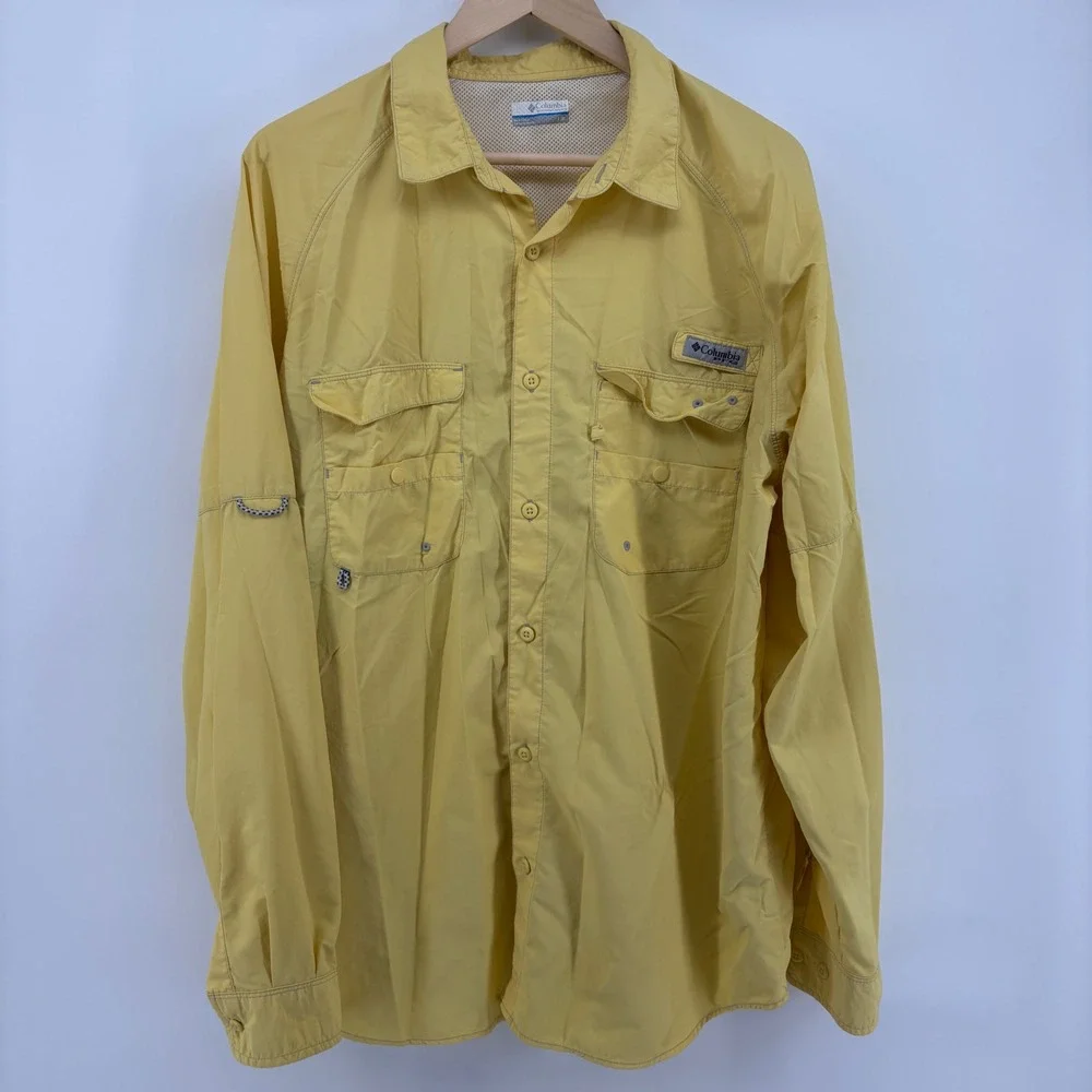 Columbia PFG Fishing Shirt Mens Large‎ Yellow Excellent Long Sleeve Ventilated
